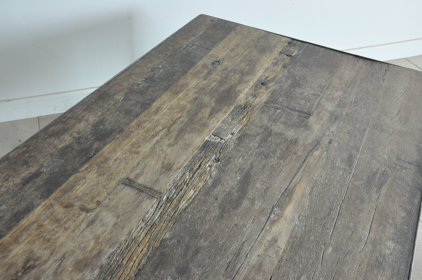 Rustic coffee table with metal base