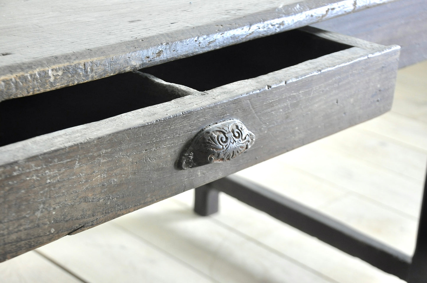 French table with stunning rustic thick walnut top and chestnut base